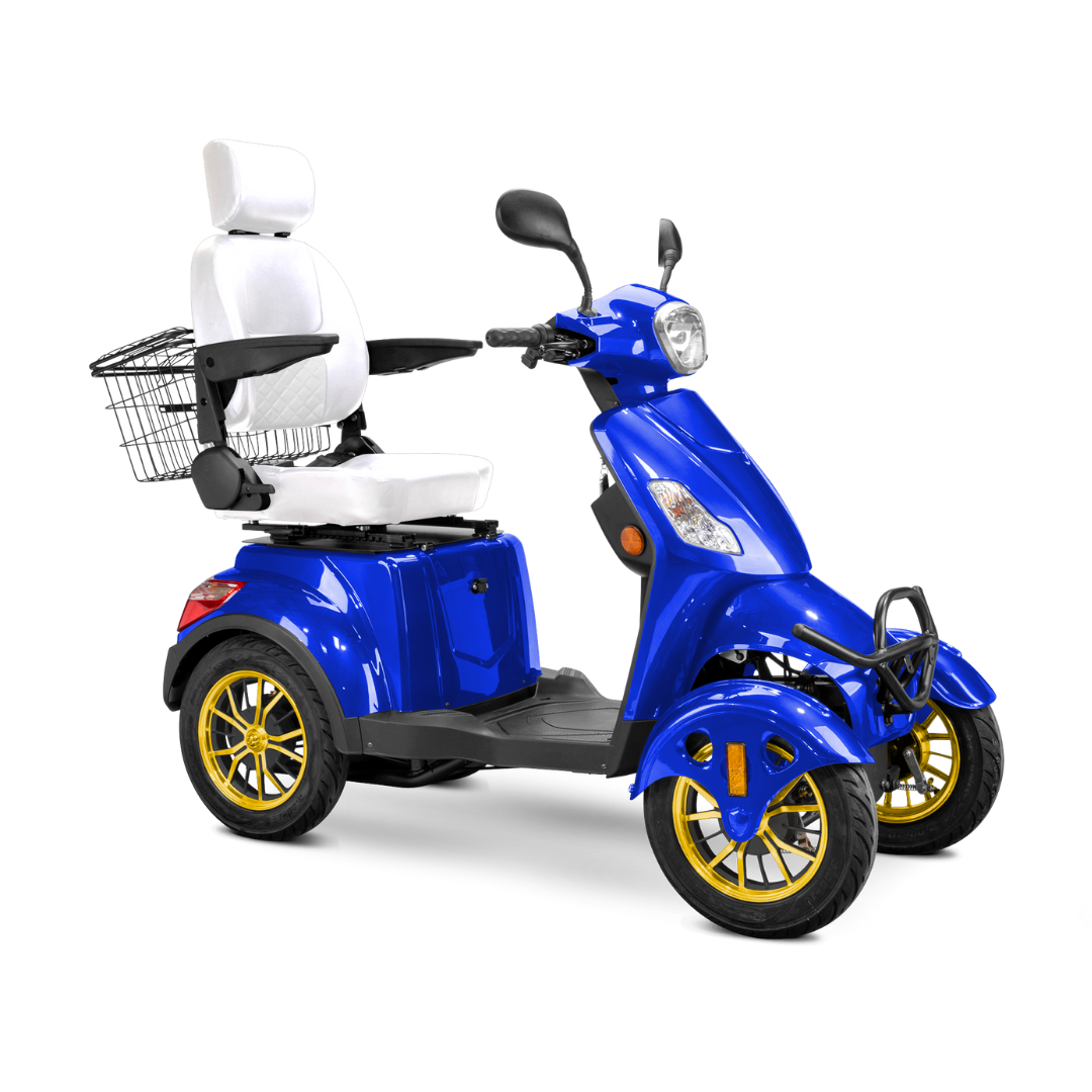 The Bespoke Prestige Recreational 4-Wheel Scooter features a blue finish, 600-watt motor, gold-rimmed wheels, adjustable white padded seat with armrests and headrest, handlebars, and a rear wire basket.
